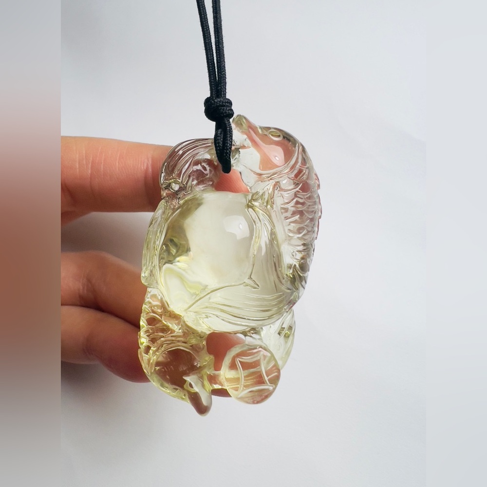 Citrine Quartz Pisces Koi Fish Necklace Hand Carved Vintage November Birthstone
